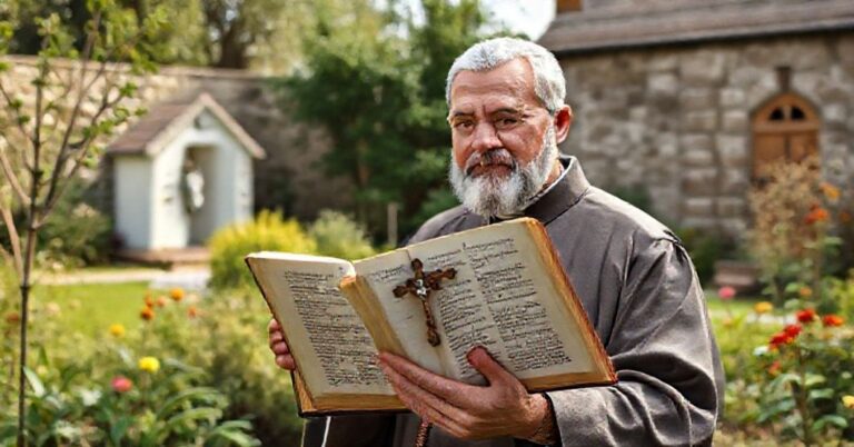 Pomnikowy katolicki księżyc w ogrodzie z Biblią i krzyżem w ręku, symbolizujący prawdziwe nawrócenie duchowe w odróżnieniu od modernistycznej herezji ekologicznej.