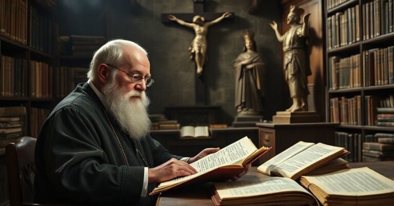 Staruszek w tradycyjnym stroju katolickim bada starożytne rękopisy w ciemnym scriptorium