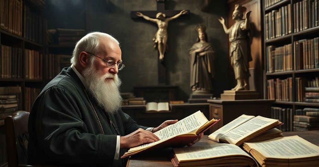 Staruszek w tradycyjnym stroju katolickim bada starożytne rękopisy w ciemnym scriptorium