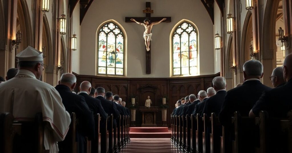 Tradcyjne wnętrze kościoła z kapłanami w modlitewnej medytacji przy krzyżu, symbolizujące prawdziwą drogę pojednania przez Chrystusa Króla.