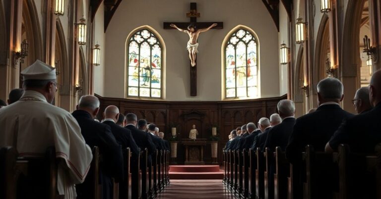 Tradcyjne wnętrze kościoła z kapłanami w modlitewnej medytacji przy krzyżu, symbolizujące prawdziwą drogę pojednania przez Chrystusa Króla.