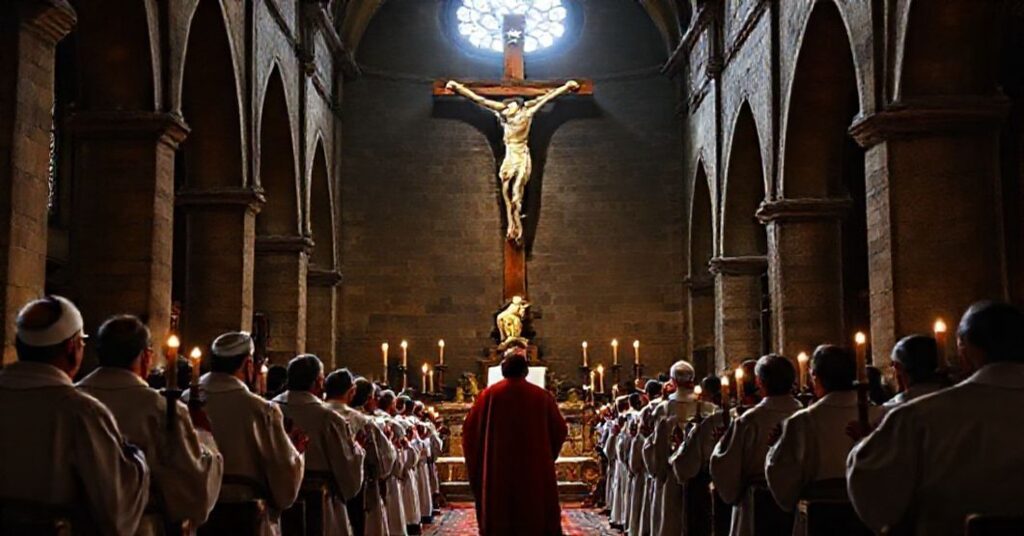 Tradycyjny katolicki ceremoniał w kościele z siedewakantystami modlącymi się przed krzyżem, symbolizujący prawdziwe pojednanie przez Chrystusa.