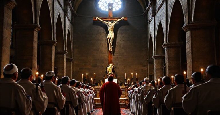 Tradycyjny katolicki ceremoniał w kościele z siedewakantystami modlącymi się przed krzyżem, symbolizujący prawdziwe pojednanie przez Chrystusa.
