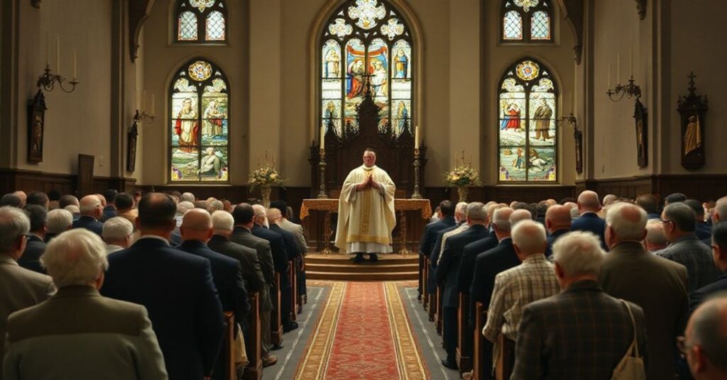 Tradycyjna msza katolicka w polskim kościele z kapłanem w pełnym stroju liturgicznym i modlącymi się wiernymi na tle krajobrazu po wojnie.