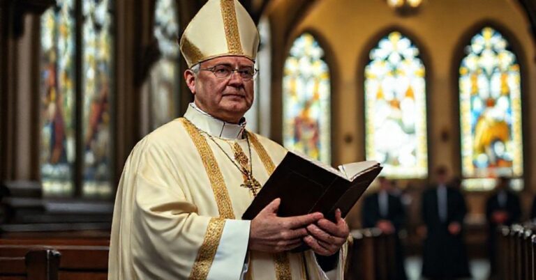 Tradycyjny biskup katolicki w pełnych ornatach liturgicznych stoi w historycznym kościele polskim z witrażami przedstawiającymi sceny polskiej historii i męczeństwa.