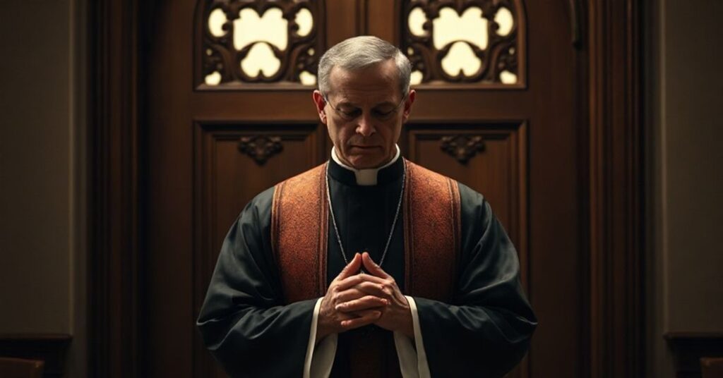 Ksiądz w tradycyjnym stroju liturgicznym modli się przed zamkniętymi drzwiami kościoła w atmosferze powagi i myśli o potrzebie prawdziwego nawrócenia i pojednania