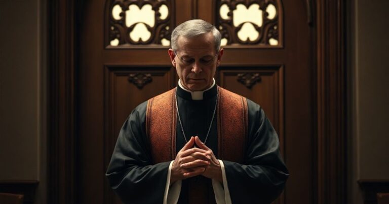 Ksiądz w tradycyjnym stroju liturgicznym modli się przed zamkniętymi drzwiami kościoła w atmosferze powagi i myśli o potrzebie prawdziwego nawrócenia i pojednania