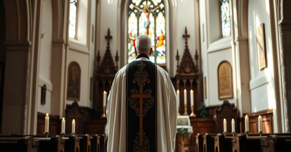 Tradycyjny kapłan w szatach trydenckich stoi w kaplicy, symbolizując prawdziwe powołania oparte na łasce i ofierze.