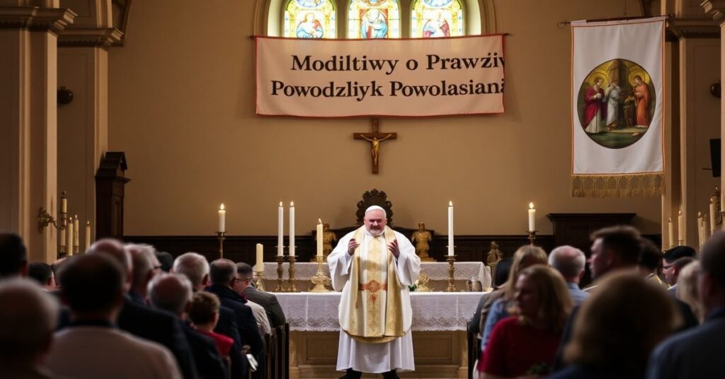 Tradycyjna Msza Święta w kościele katolickim z kapłanem w tradycyjnych szatach liturgicznych