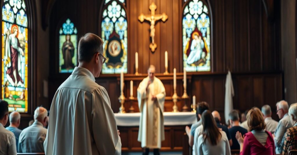Tradycyjny katolicki sceny z księdzem w sutannie stającym przed ołtarzem z krzyżem i świecami. Wierni modlą się w ciszy przy słonecznym świetle przechodzącym przez witraże.