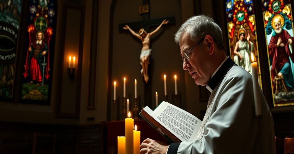 Ksiądz w tradycyjnym ornacie modli się przed krucyfiksem w kaplicy z motywami piekła i Sądu Ostatecznego