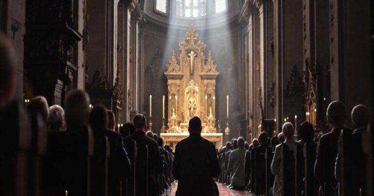 Pielgrzym modlący się przed tradycyjnym ołtarzem w historycznym sanktuarium, otoczony religijnymi artefaktami i sakralnym sztuką, w atmosferze czci i prawdziwej pobożności.