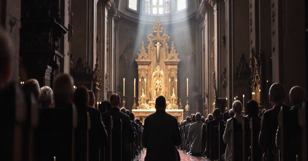 Pielgrzym modlący się przed tradycyjnym ołtarzem w historycznym sanktuarium, otoczony religijnymi artefaktami i sakralnym sztuką, w atmosferze czci i prawdziwej pobożności.