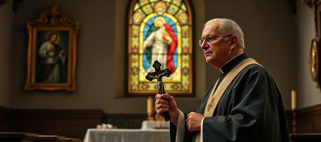 Tradycyjny wnętrze kościoła katolickiego z kapłanem sedevacantystą przed ołtarzem z relikwiami świętych.