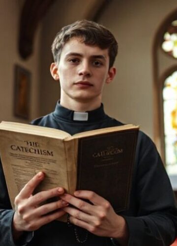 Prawdziwe Świadectwo Wiary w Kościele Katolickim Młody katolik trzymający katechizm w tradycyjnym kościele, symbolizujący prawdziwe świadectwo wiary