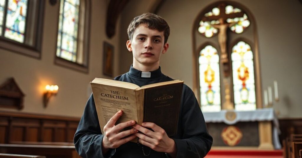 Młody katolik trzymający katechizm w tradycyjnym kościele, symbolizujący prawdziwe świadectwo wiary