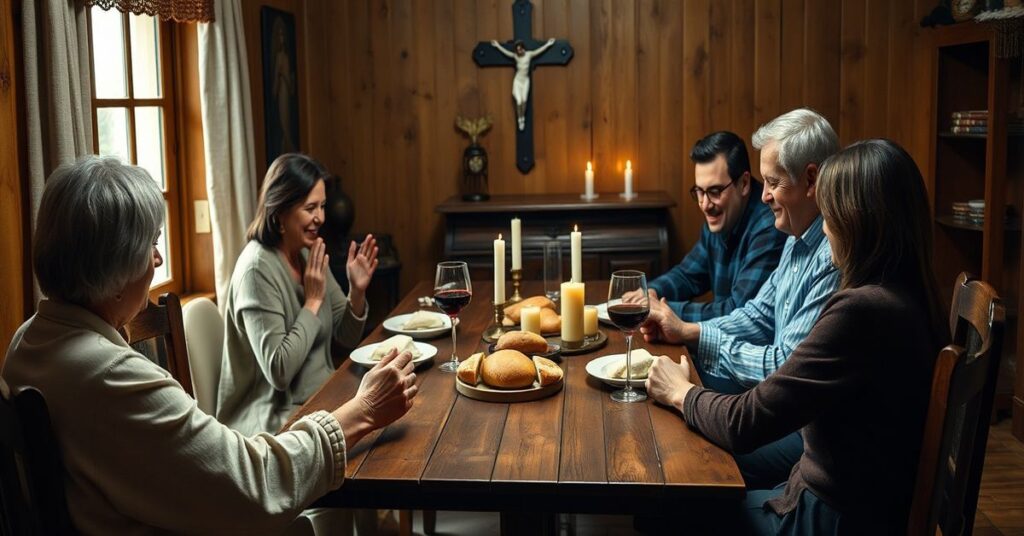 Katolicka rodzina modli się przed posiłkiem przy stole z krucyfiksem na tle, symbolizując prawdziwe szczęście w Królestwie Chrystusa.