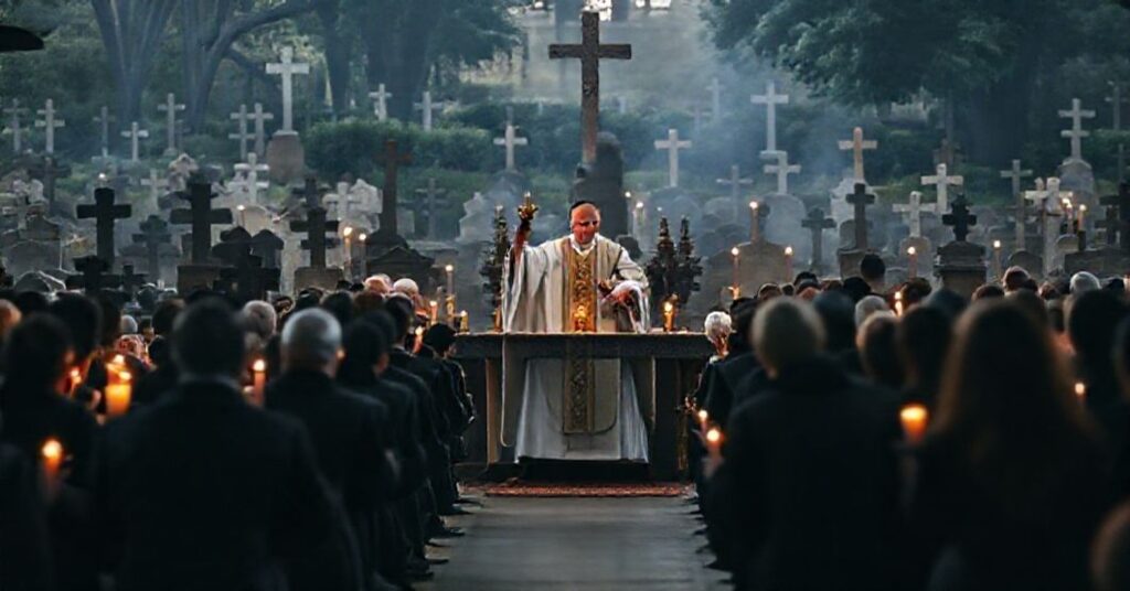 Kapłan w czarnych szatach odprawia msze za zmarłych podczas Zaduszek na cmentarzu z wierzącymi modlącymi się