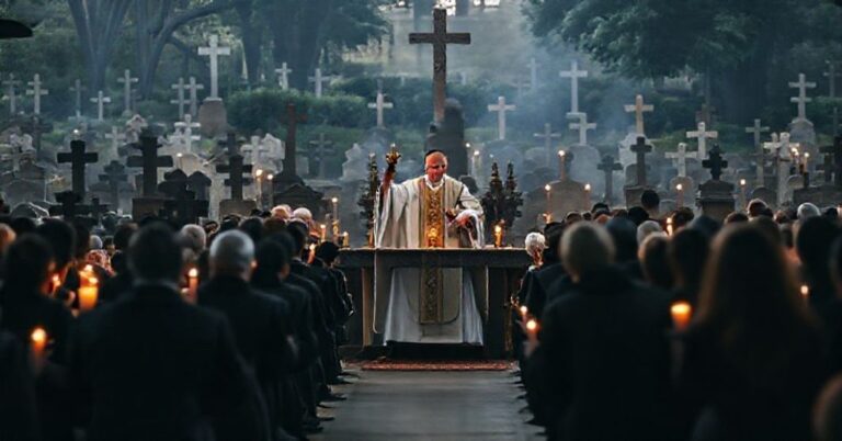 Kapłan w czarnych szatach odprawia msze za zmarłych podczas Zaduszek na cmentarzu z wierzącymi modlącymi się