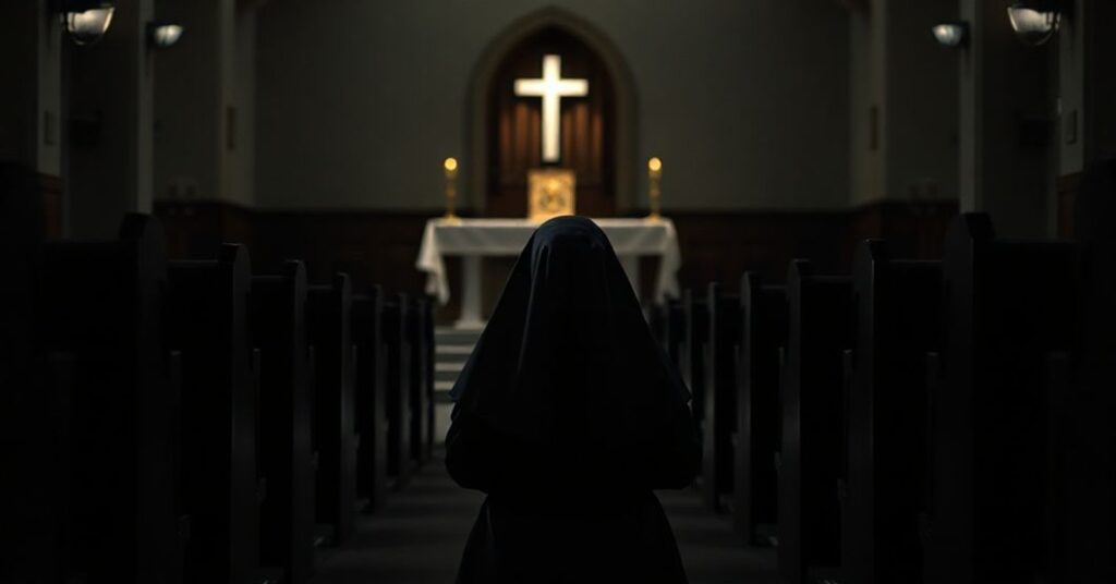 Klasztorna kaplica z pokorną zakonnicą w pełnym habit na modlitwie przed monstransem