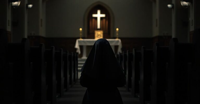 Klasztorna kaplica z pokorną zakonnicą w pełnym habit na modlitwie przed monstransem