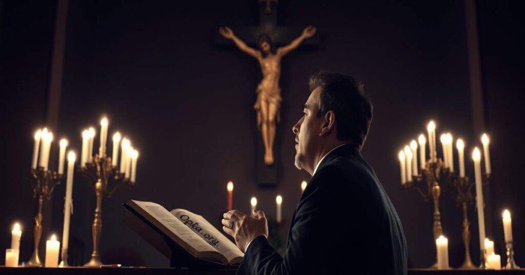 Kobieta w tradycyjnym stroju katolickim modli się przed krzyżem w ciemnym kościele.