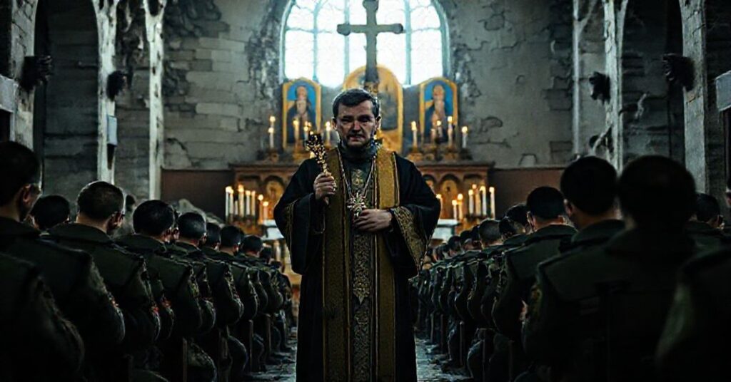 Ukraiński ksiądz w tradycyjnych szatach liturgicznych modli się przed ruiny kościoła podczas wojny.