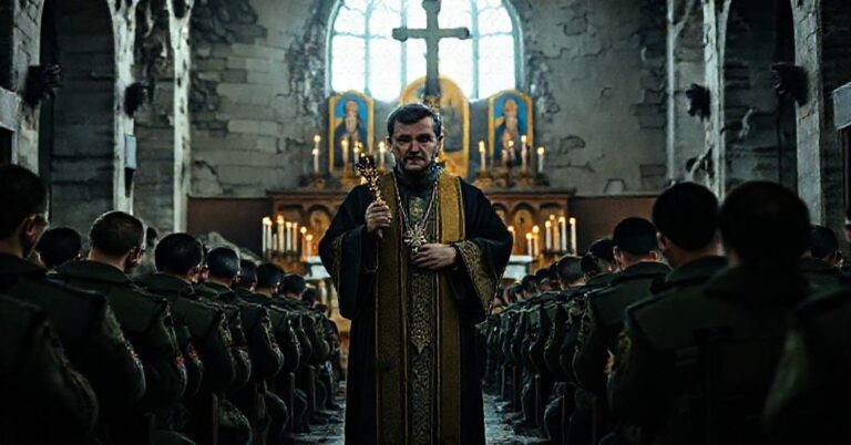 Ukraiński ksiądz w tradycyjnych szatach liturgicznych modli się przed ruiny kościoła podczas wojny.