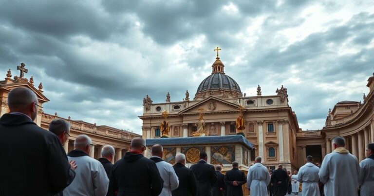 Obraz przedstawia tradycyjną mszę katolicką na Placu św. Piotra z konsekrowanymi osobami w habitach modlącymi się przed ołtarzem.