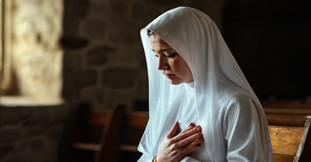 Kobieta w tradycyjnym welonie modli się w starożytnej kaplicy, symbolizując prawdziwe życie konsekrowane według nauki katolickiej.