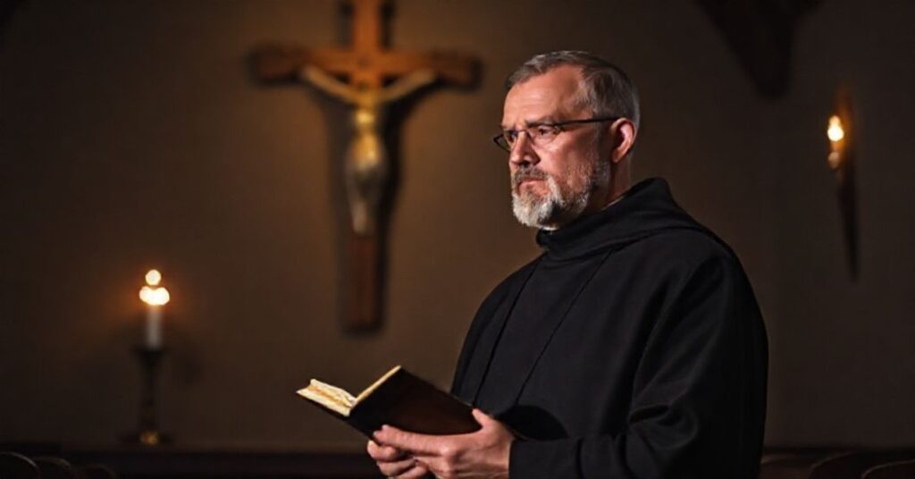 Katolicki mnich w tradycyjnym habicie w kaplicy modli się przy świecach i krzyżu.