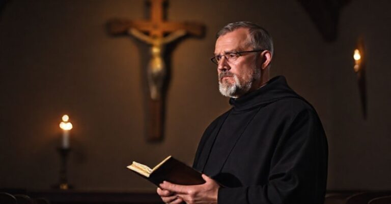 Katolicki mnich w tradycyjnym habicie w kaplicy modli się przy świecach i krzyżu.