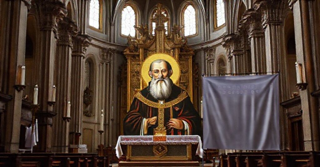 Wnętrze tradycyjnego kościoła katolickiego z ołtarzem i portretem świętego Piotra Piusa X lub Roberta Bellarmina na pierwszym planie.