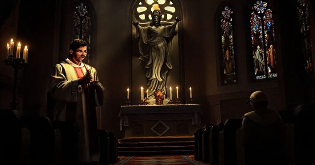 Tradycyjny katolicki obraz Adwentu z kapłanem w sutannie i wiernym w modlitwie przed posągiem Chrystusa Króla