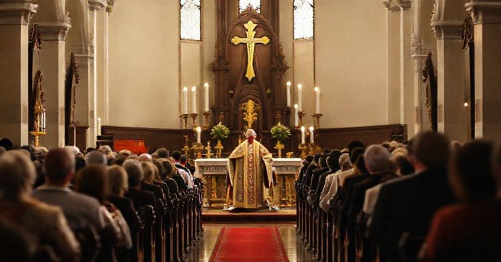Sobór katolicki w tradycyjnym stylu z celebracją Mszy Świętej w rytach trydenckich