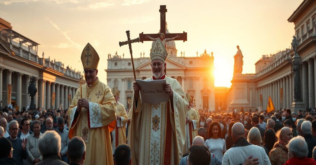 Procesja katolicka na Placu św. Piotra z biskupem, krzyżem i rzeźbą Matki Boskiej Pokoju.