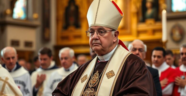 Biskup w tradycyjnych szatach podczas uroczystej liturgii w katolickim kościele, realistyczny obraz, poważny, pełen szacunku