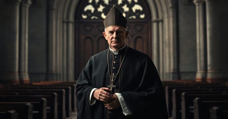 Prawdziwy katolicki biskup w pełnym stroju liturgicznym stoi przed zamkniętymi drzwiami katedry, symbolizując wykluczenie nowej hierarchii z prawdziwego Kościoła