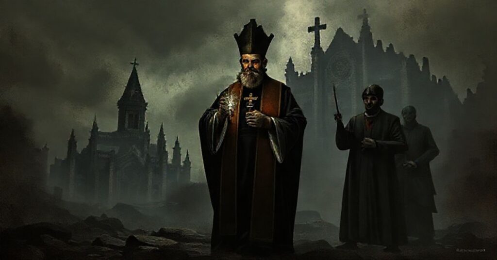 Sedevacantist priest performing traditional exorcism according to Rituale Romanum in contrast with neo-conciliar 'exorcism' in decaying cathedral.