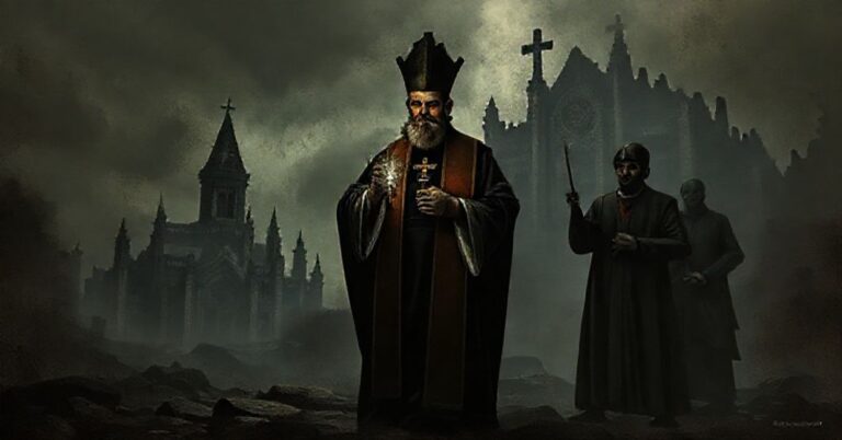 Sedevacantist priest performing traditional exorcism according to Rituale Romanum in contrast with neo-conciliar 'exorcism' in decaying cathedral.