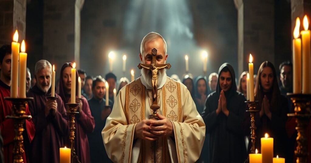 Obrzędy egzorcyzmu w prawdziwym Kościele katolickim z kapłanem w pełnym ornaty i wiernymi modlącymi się Litanią do Świętych.