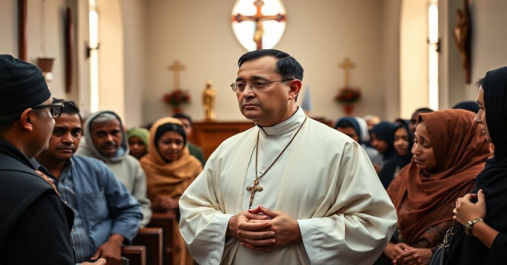 Królewski kapłan w tradycyjnym stroju kościelnym udziela pomocy duchowej i materialnej migrantom z różnych krajów afrykańskich.