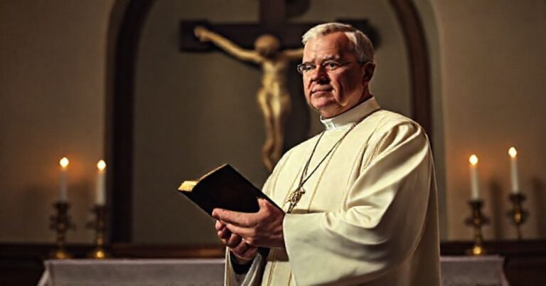 Prawdziwy kapłan katolicki w tradycyjnych szatach liturgicznych stojący przed ołtarzem z krzyżem i świecami