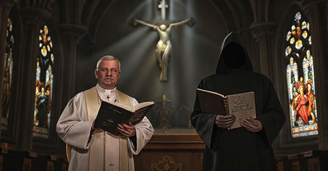 Prawdziwy kapłan w tradycyjnych szatach kościłowych stoi przy ambonie kościoła trzymać książę z napisem 'Gravissimum Educationis', podczas gdy ciemna postać w nowoczesnych szatach duchownych trzyma książę z imieniem Johna Henry'ego Newmana.