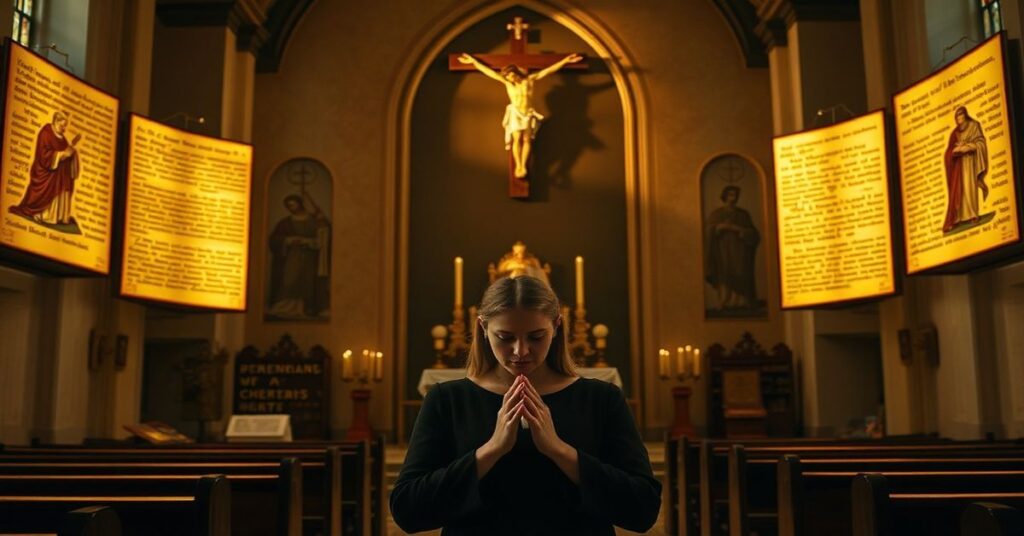 Kobieta modląca się w tradycyjnym kościele katolickim z księgami Ojców Kościoła