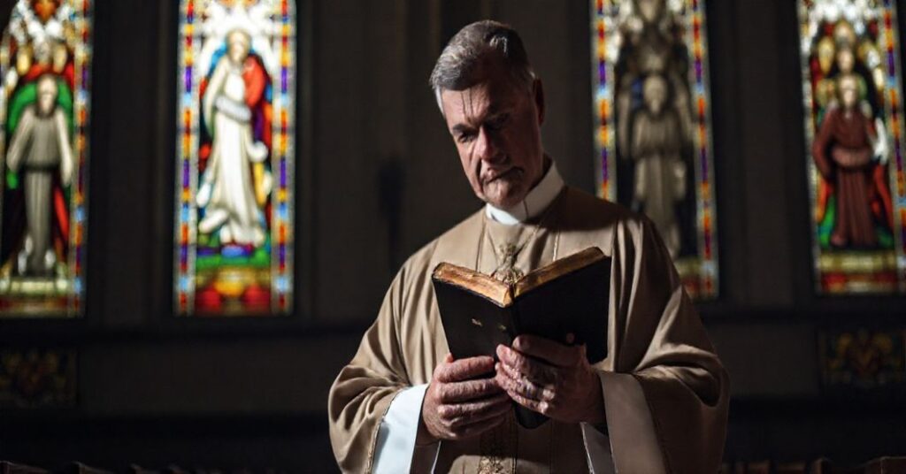 Prawdziwy katolik w tradycyjnej szacie liturgicznej stojący w kościele, symbolizujący duchową walkę o niepodważalność małżeństwa