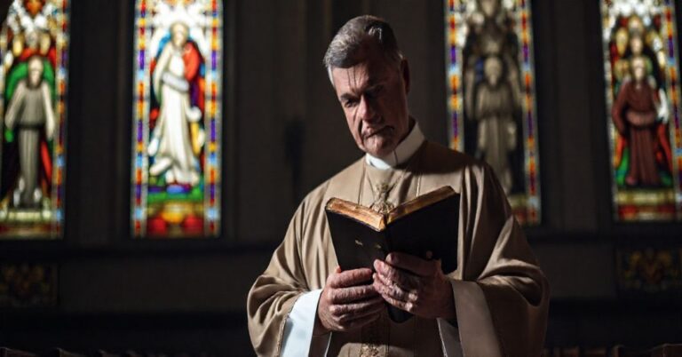 Prawdziwy katolik w tradycyjnej szacie liturgicznej stojący w kościele, symbolizujący duchową walkę o niepodważalność małżeństwa