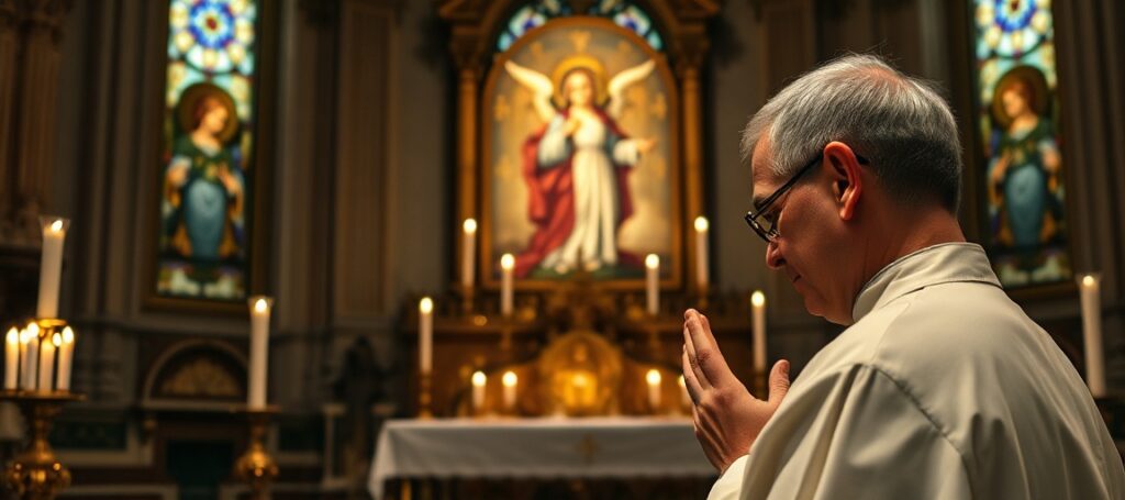 Wnętrze tradycyjnego kościoła katolickiego z księdzem modlącym się przed ołtarzem z ikoną aniołów. Scena podkreśla głęboki respekt i sakralność prawdziwej wiary katolickiej.