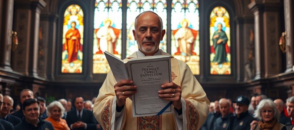 Obraz przedstawiający tradycyjnego kapłana w kościele katolickim trzymającego encyklikę 'Rerum novarum' Leona XIII przed zbiorem wiernych przy witrażu Chrystusa Króla.