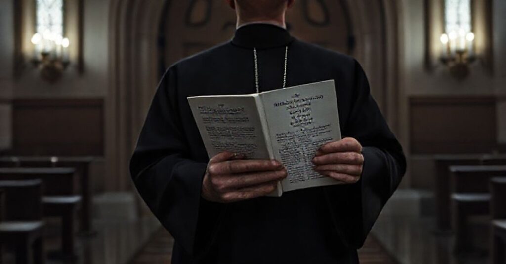 Prawdziwy katolicki kapłan w tradycyjnym stroju stojący przed zamkniętymi drzwiami kościoła, symbolizującym wykluczenie Rachel Maddow z prawdziwego Kościoła Katolickiego.